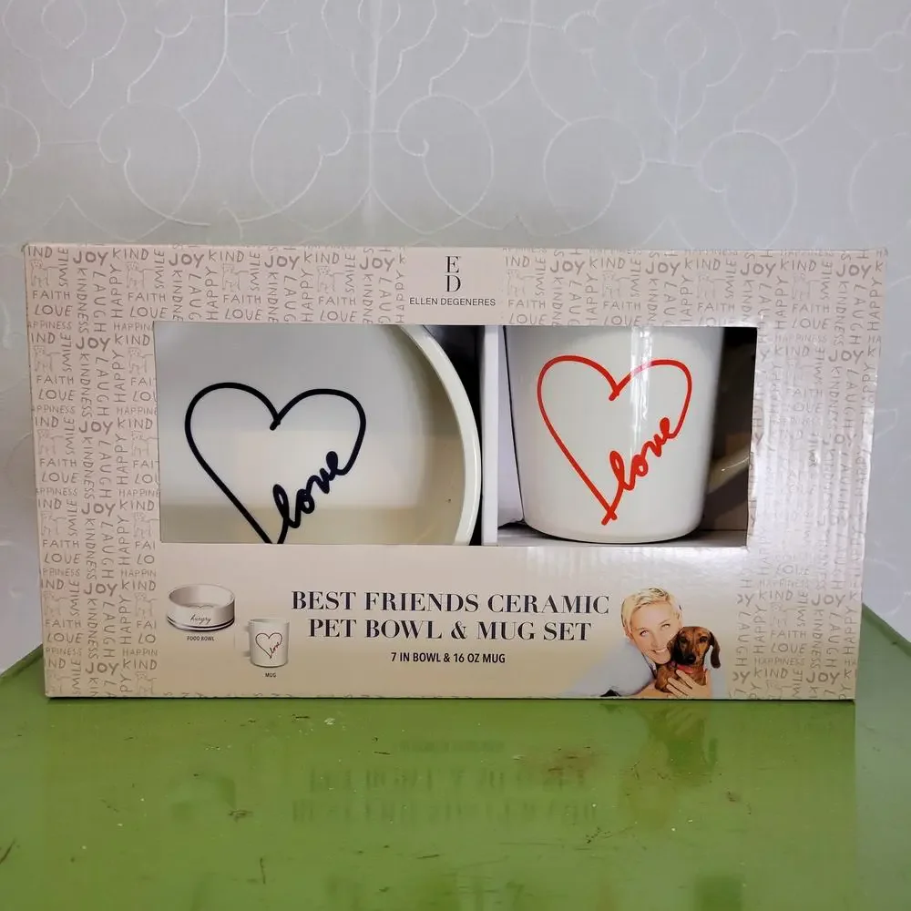 ED Ellen DeGeneres Best Friends Ceramics Pet Bowl & Mug Set White Red NEW